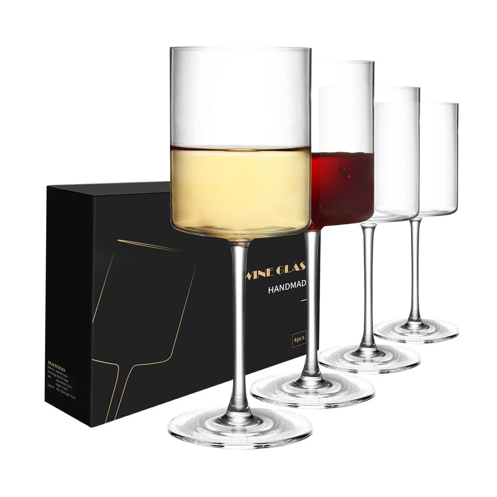 SANZO Square Wine Glasses Set 4, Wine Glasses 15oz, Elegant Design White Wine Glasses, Red Wine Glasses Set for Home Bar Party (