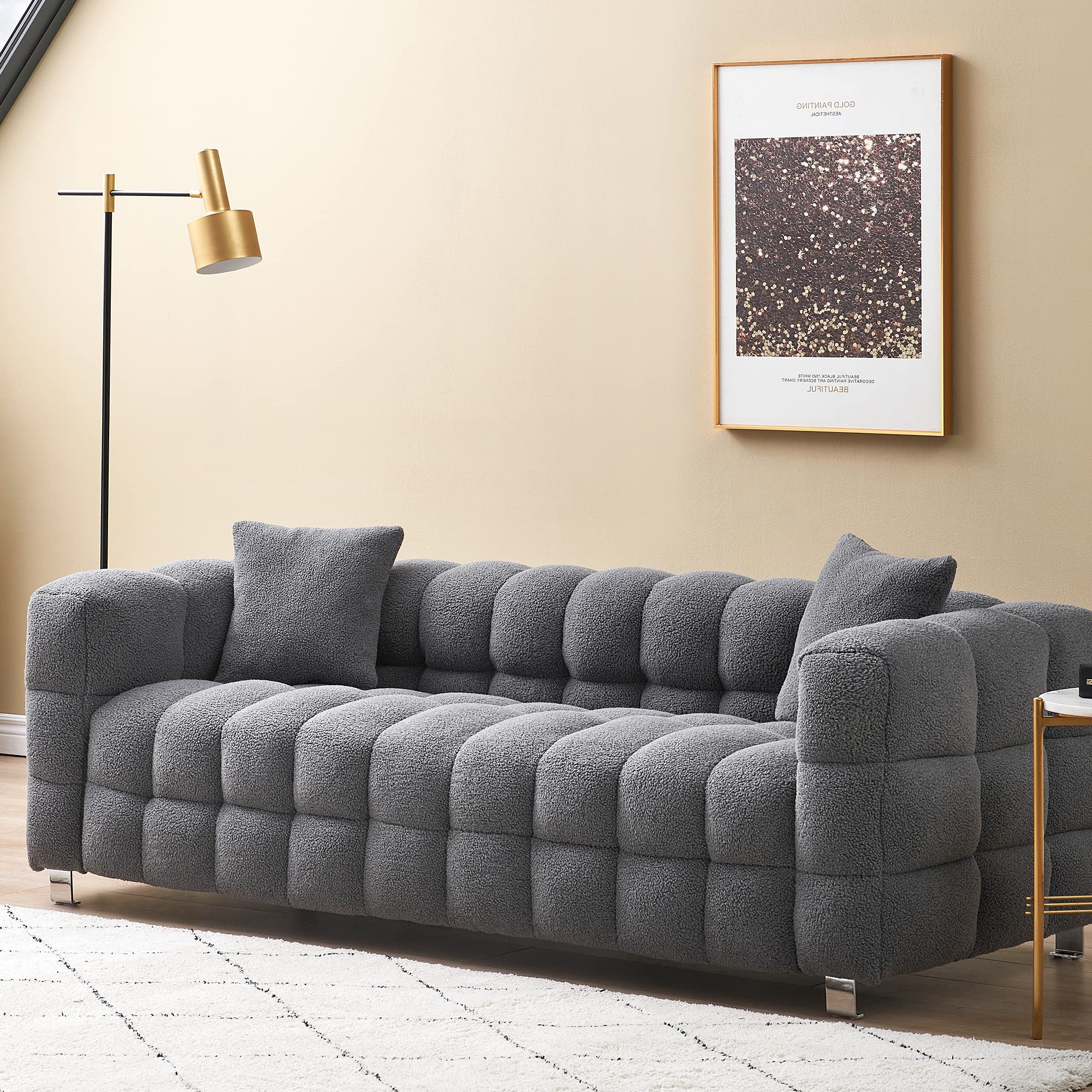Dolonm Modern Sofa Couch with Metal Legs Upholstered Tufted 3 Seater Couch with 2 Pillows Decor Furniture for Living Room, Bedro