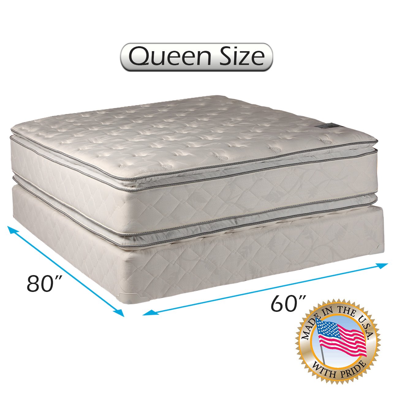 Dream Solutions USA Princess Dream Plush Queen Size Firm Mattress and Box Spring Set (PillowTop) - Fully Assembled, Orthopedic, 