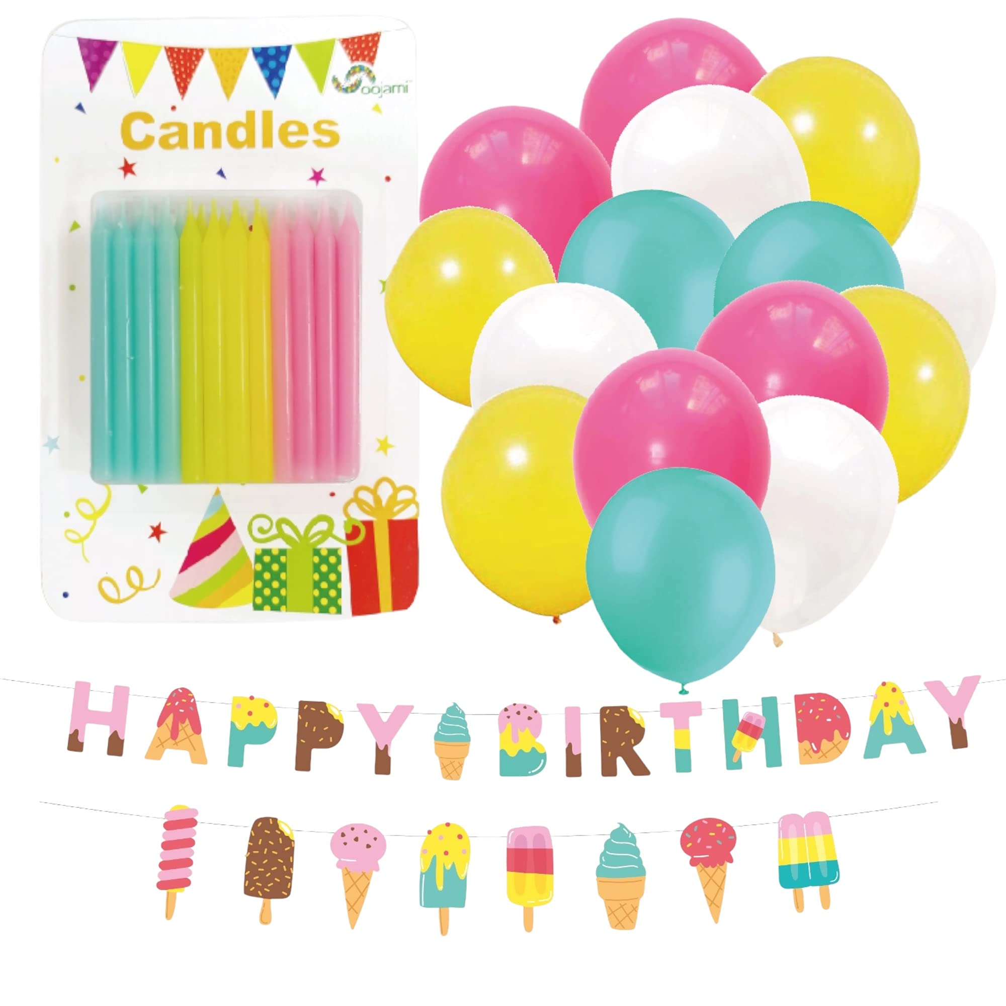 OOJAMI Serves 24 Complete Ice Cream Party Supplies Includes Plates Napkins, Table Covers, Balloons, Swirls, Happy Birthday Banner, Cake