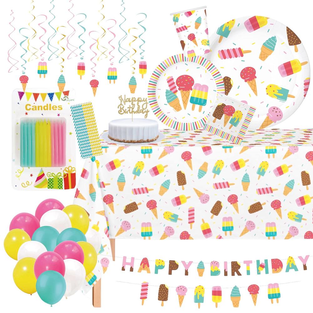 OOJAMI Serves 24 Complete Ice Cream Party Supplies Includes Plates Napkins, Table Covers, Balloons, Swirls, Happy Birthday Banner, Cake