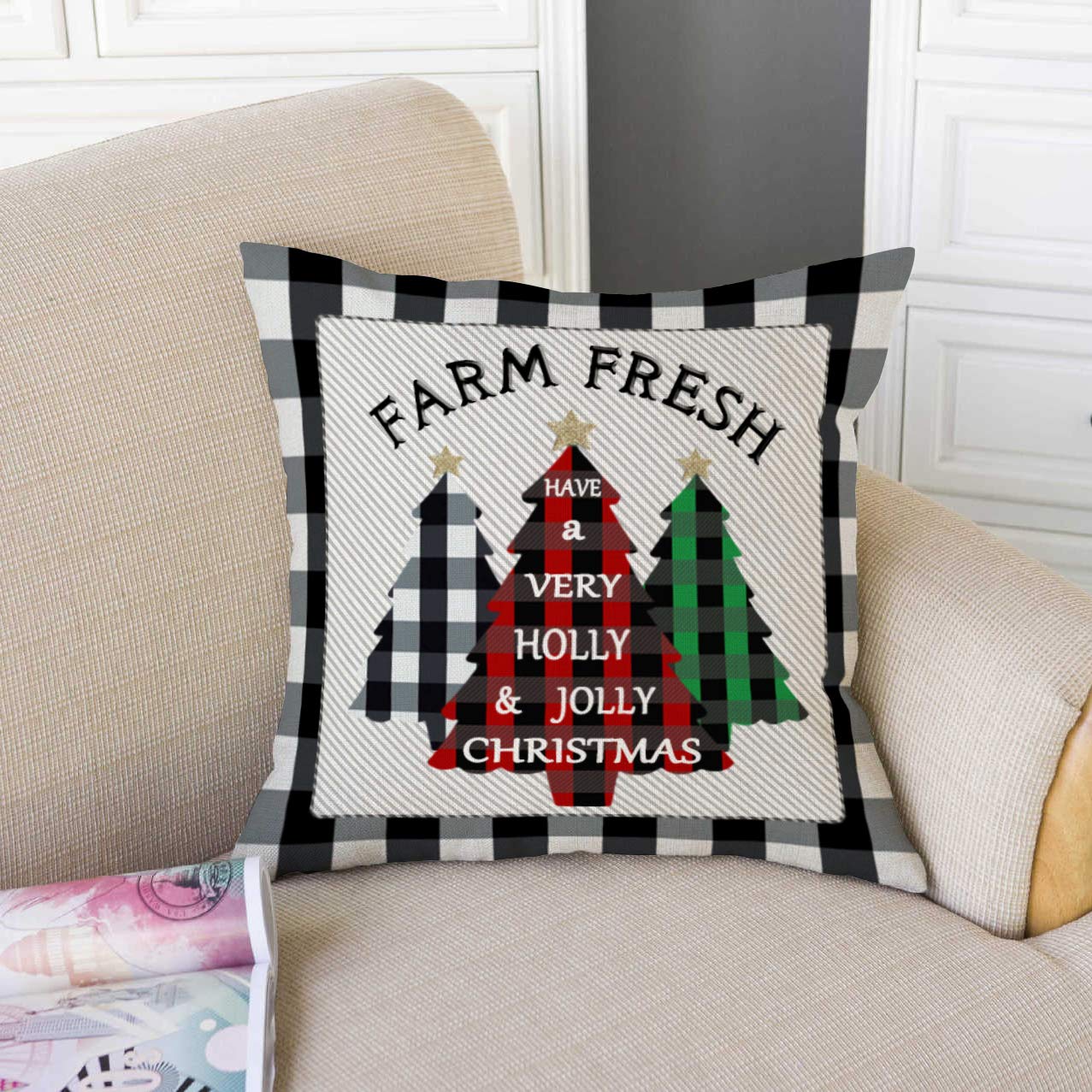 Asminifor Set of 4 Merry Christmas Throw Pillow Covers Cotton Linen Christmas Buffalo Plaid Farmhouse Decor Pillow Cases Christmas Quotes 