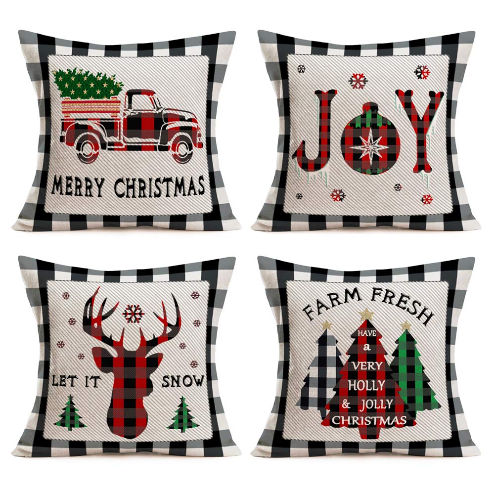 Asminifor Set of 4 Merry Christmas Throw Pillow Covers Cotton Linen Christmas Buffalo Plaid Farmhouse Decor Pillow Cases Christmas Quotes 