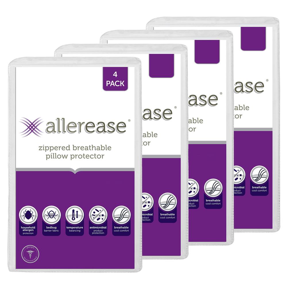 Aller-Ease Set of 4 Standard/Queen AllerEase Pillow Protectors - Temperature Balancing, Allergist Recommended - Premium Breathable, Zippere