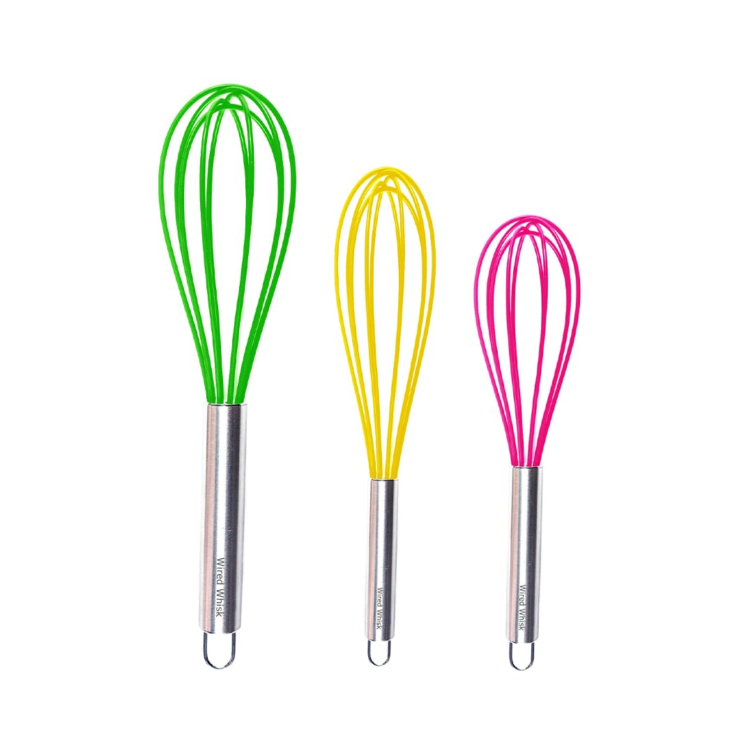 Wired Whisk Silicone Whisk Set of 3 - Stainless Steel & Silicone Non-Stick coating - colored Balloon Egg Beater for Blending, Whisking, Beat