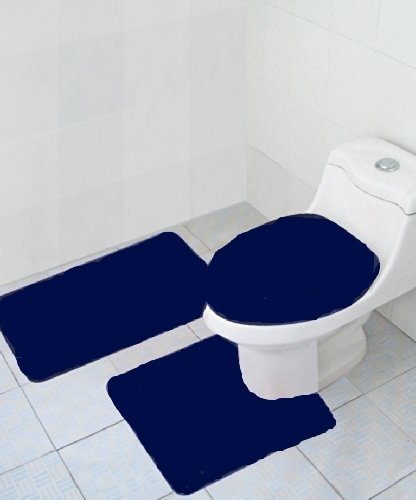 Empire Furniture USA 3-Piece Quinn Solid Bathroom Accessory Set Bath Mat Contour Rug Toilet Lid Cover - Navy