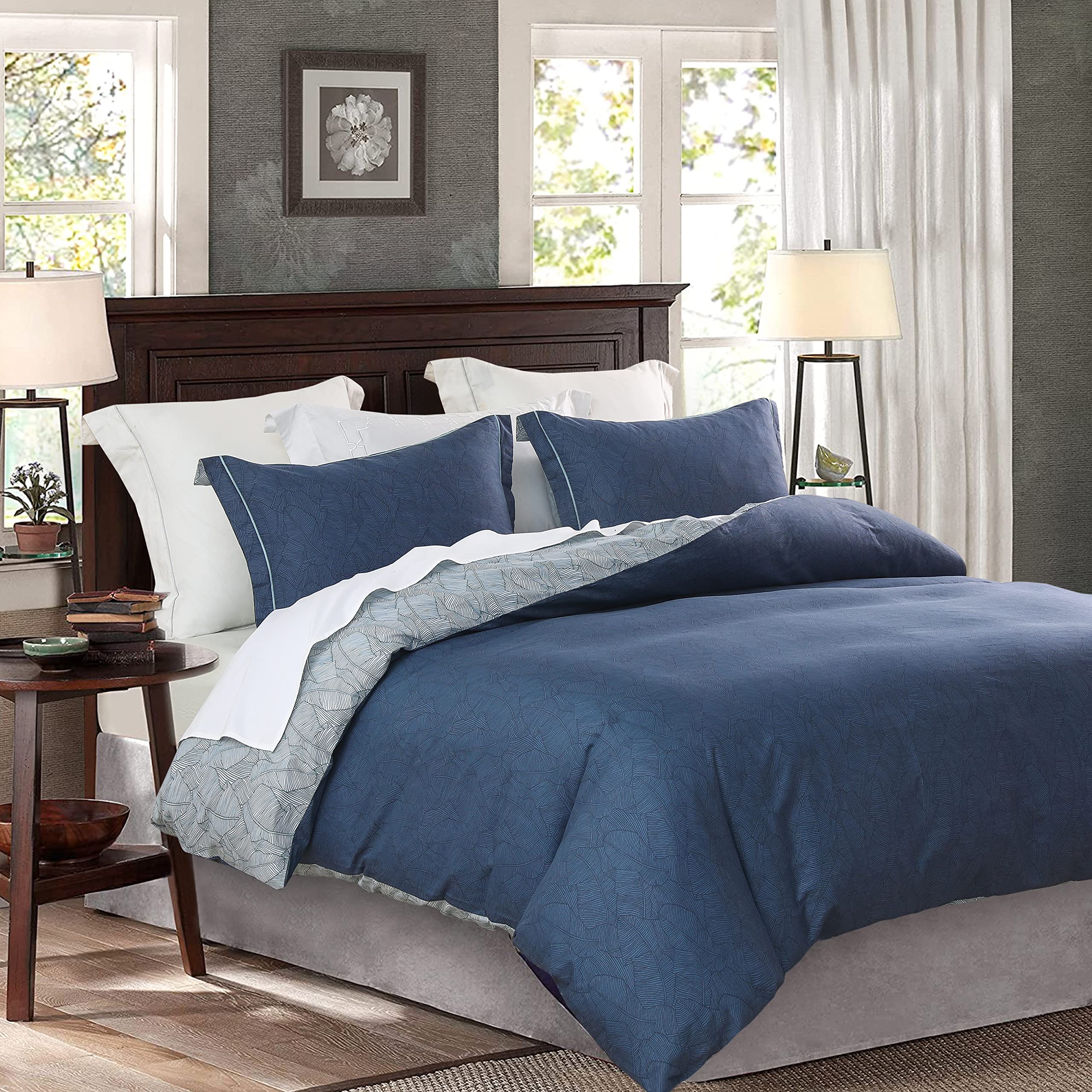 SLEEPBELLA Comforter King Size, 600 Thread Count Cotton Navy & Grey Leaves Reveisible Comforter Sets, Down Alternative Bedding S