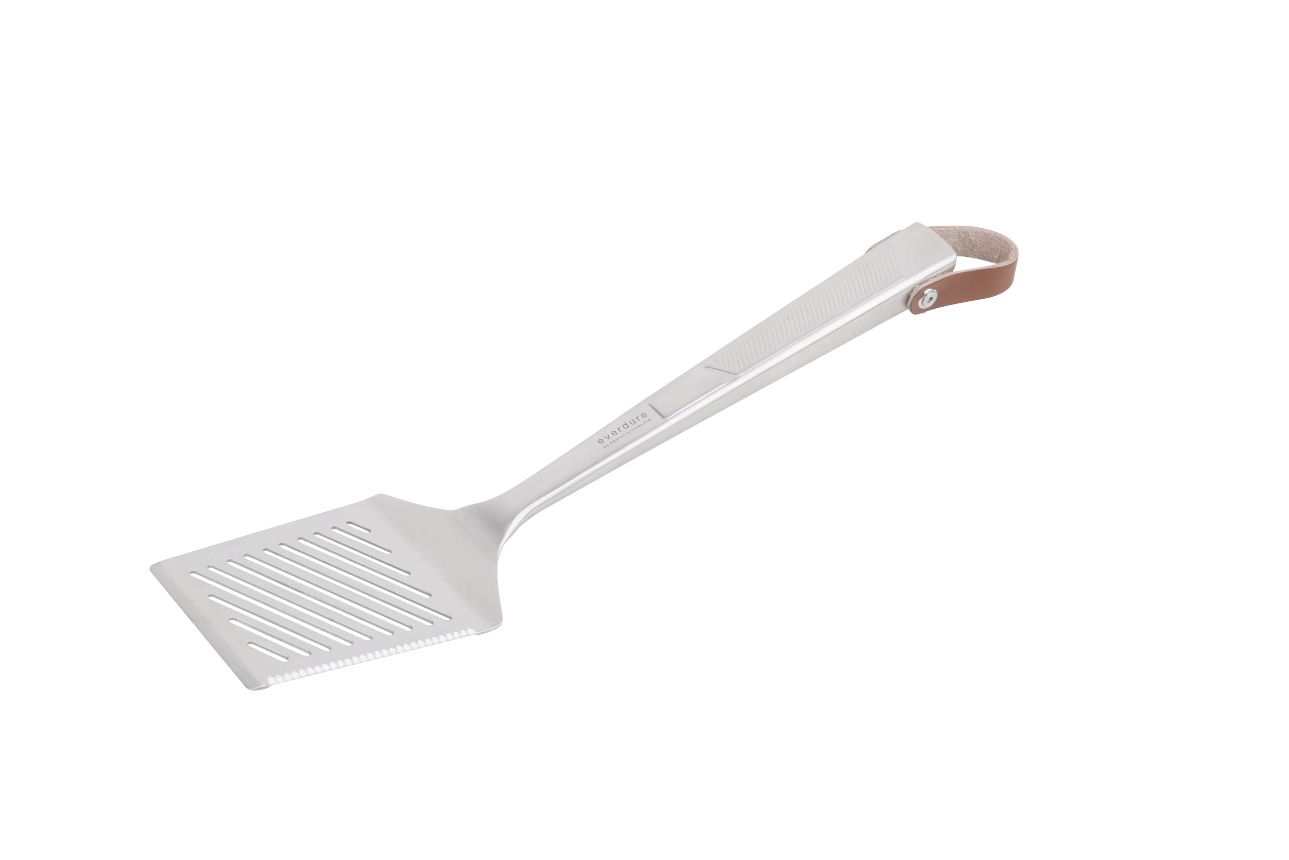 Everdure Stainless Steel Spatula, 14 Inch Slotted Spatula with Brown Leather Hang Strap and Easy Grip Handle, Great for BBQ Gril