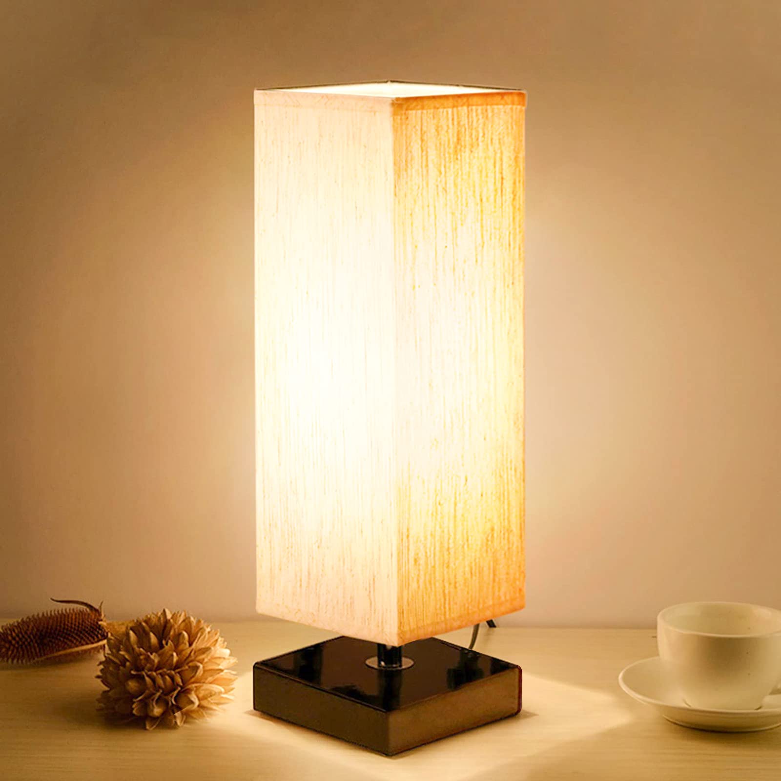 Aooshine Small Table Lamp for Bedroom - Bedside Lamps for Nightstand, Minimalist Solid Wood Night Stand Light Lamp with Square Fabric Sha