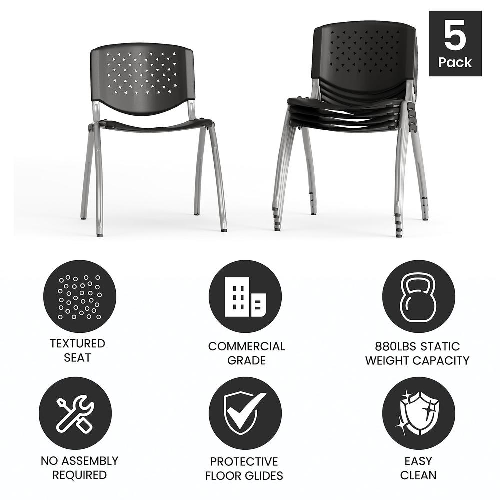 Flash Furniture HERCULES -5 Pack 880 lb. Capacity Black Plastic Stack Chair | Comfortable Seating with Durable Design