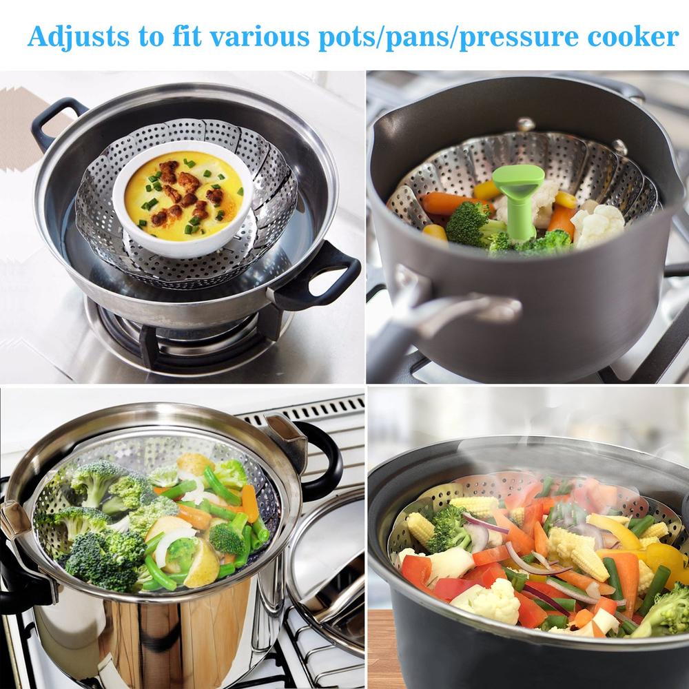 Consevisen Steamer Basket Stainless Steel Vegetable Steamer Basket Folding Steamer Insert for Veggie Fish Seafood Cooking, Expandable to Fi