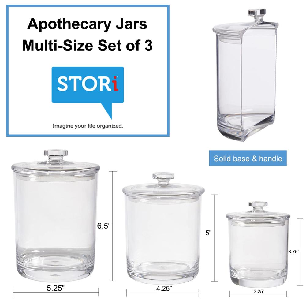 STORi 3-Pack Premium Quality Qtip and Cotton Ball Holders | 15-oz, 30-oz, and 60-oz Clear Plastic Apothecary Jars with Lids | Pe