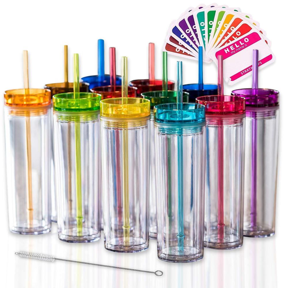 STRATA CUPS 12 Colored Skinny Clear Tumbler with Lids and Straws | 16oz Double Wall Clear Acrylic Tumblers Bulk With FREE Straw 