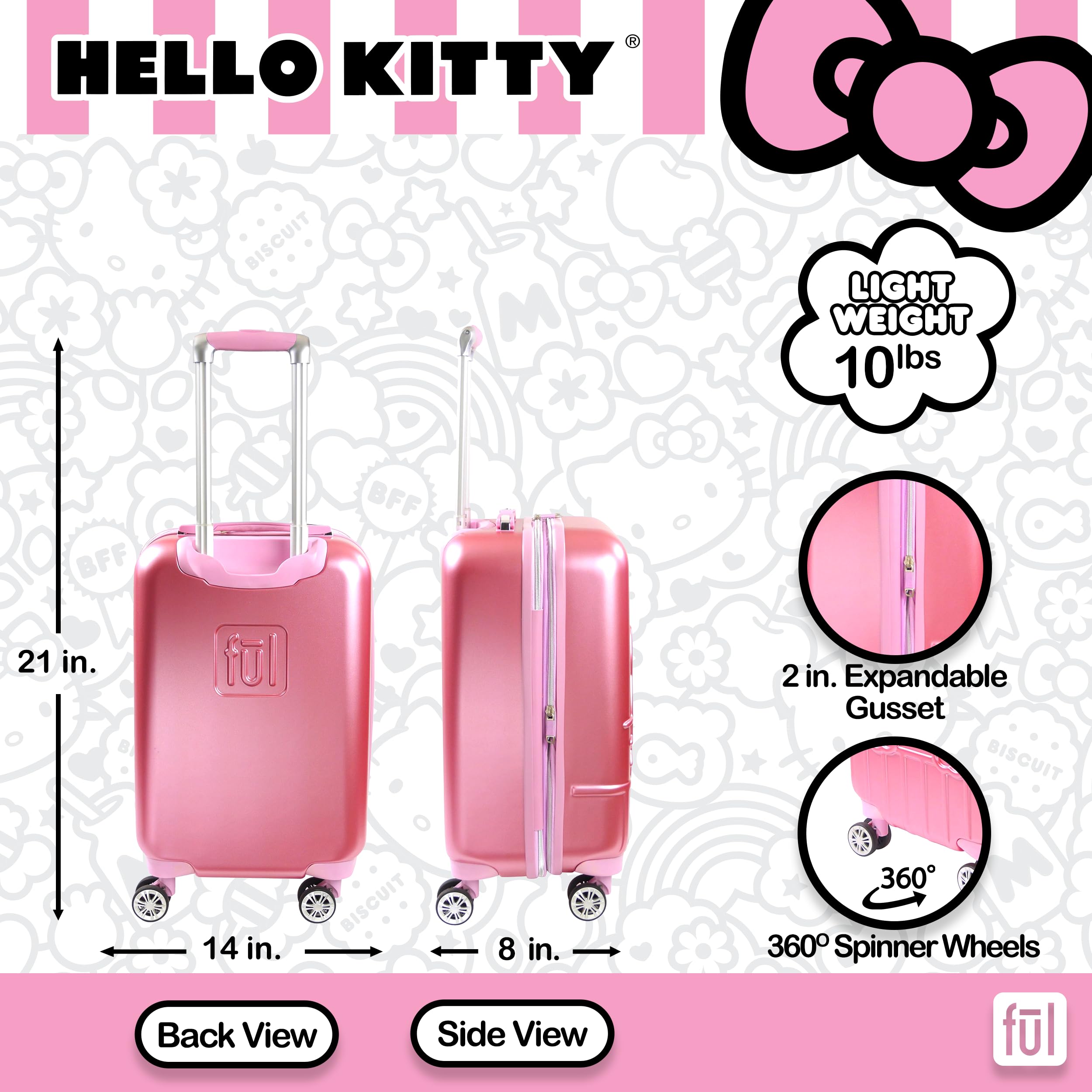FUL Hello Kitty 21 Inch Rolling Luggage, Hardshell Carry On Suitcase with Wheels, Pink (HKFL0002AZ-650)