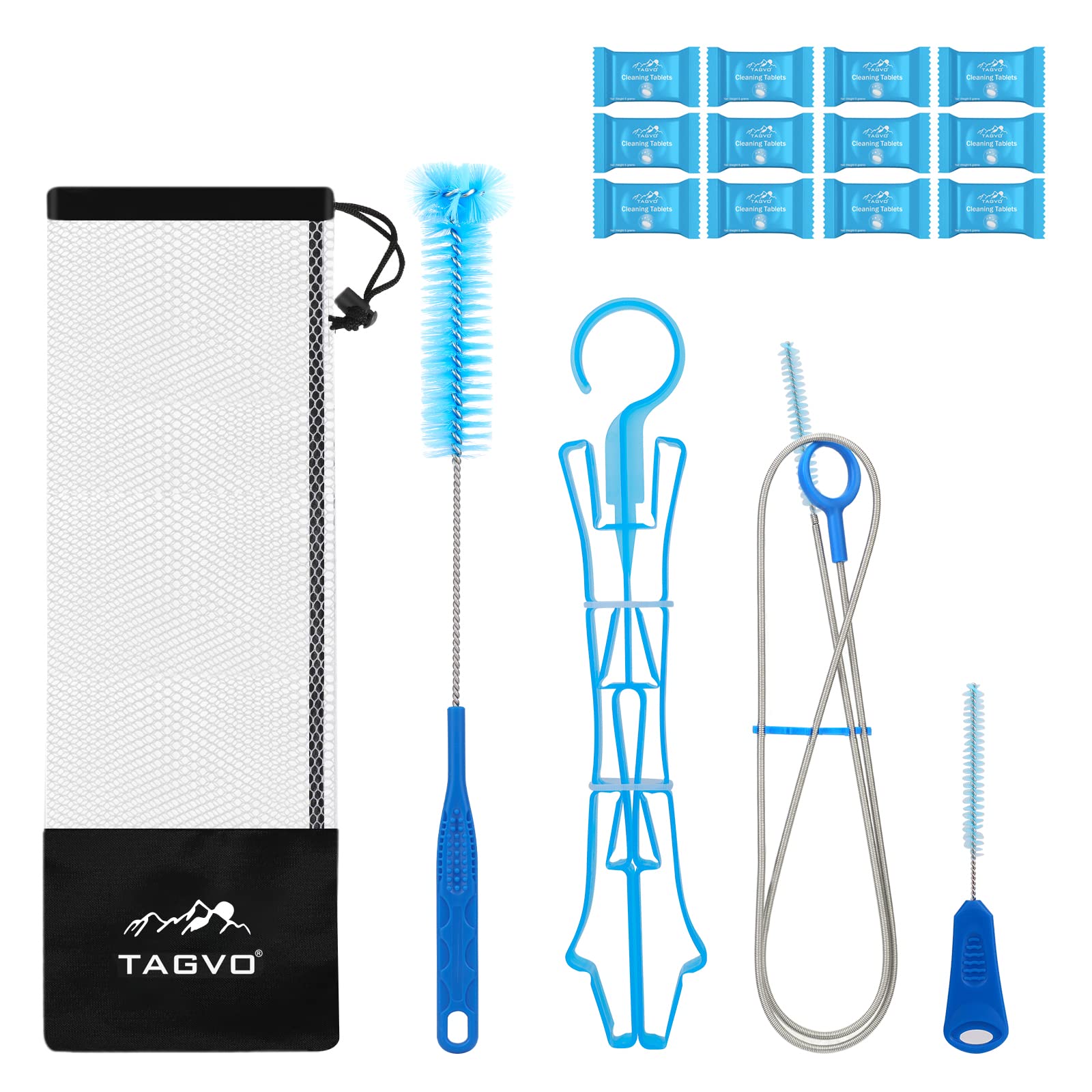 TAGVO Hydration Bladder Cleaning Kit, 6 in 1 Water Bladder Cleaner Set - 3 Brushes, Collapsible Hanger, 12 Cleaning Tablets & Ca