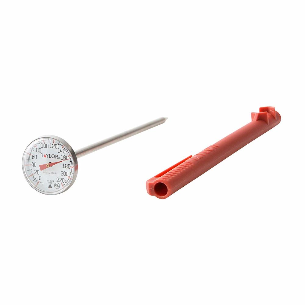 Taylor Precision Pro Taylor Instant Read Analog Meat Food Grill BBQ Cooking Kitchen Thermometer with Red Pocket Sleeve for Calibration, 1 inch dial, 