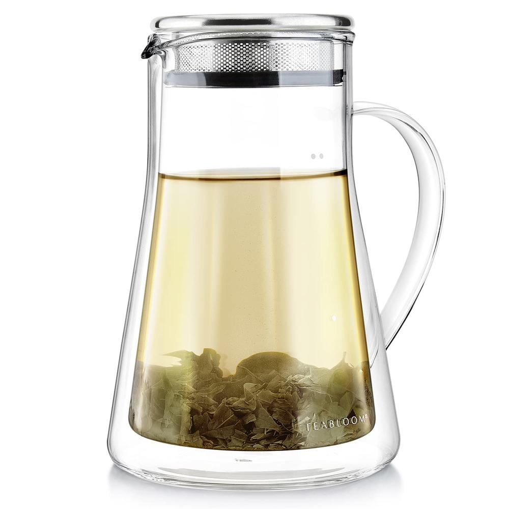 Teabloom Insulated Teapot - Tea Maker For Two (24 oz / 2 Mugs) - Double Wall Glass Tea Steeper with Stainless Steel Filter Lid f