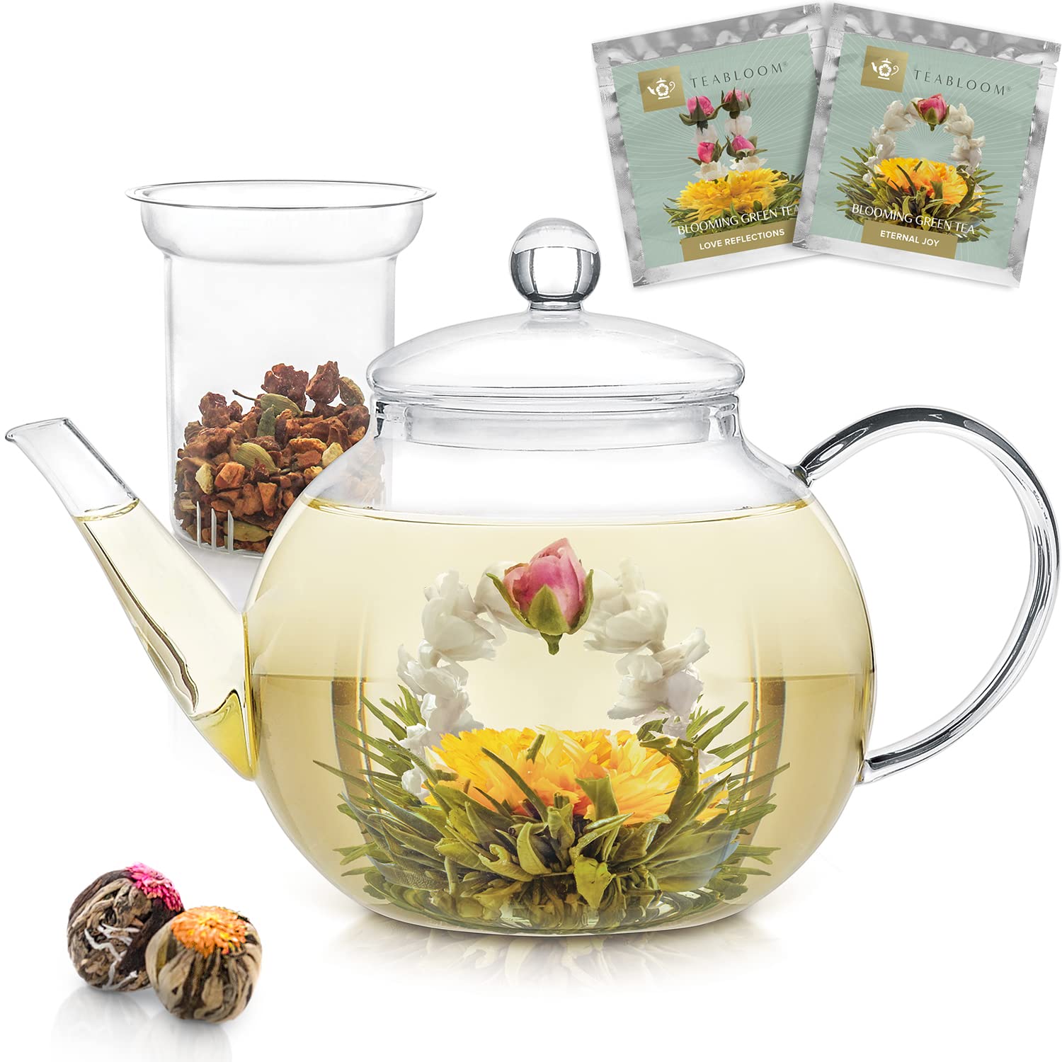 Teabloom Stovetop & Microwave Safe Teapot (40 oz) with Removable Loose Tea Glass Infuser - Includes 2 Blooming Teas - 2-in-1 Tea