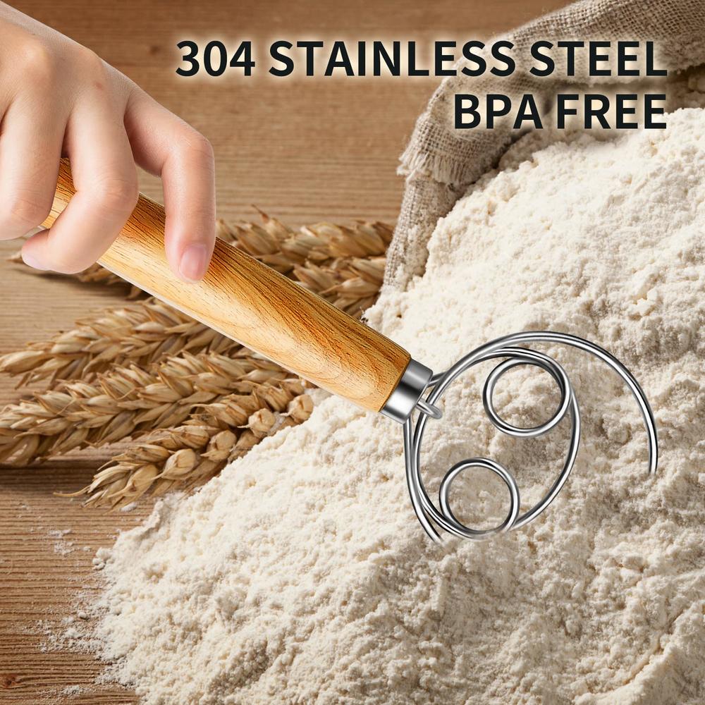 TEEVEA Danish Dough Whisk Stainless Steel Dough Whisk Dutch Style Bread Dough Hand Mixer Wooden Handle Kitchen Baking Tools Brea