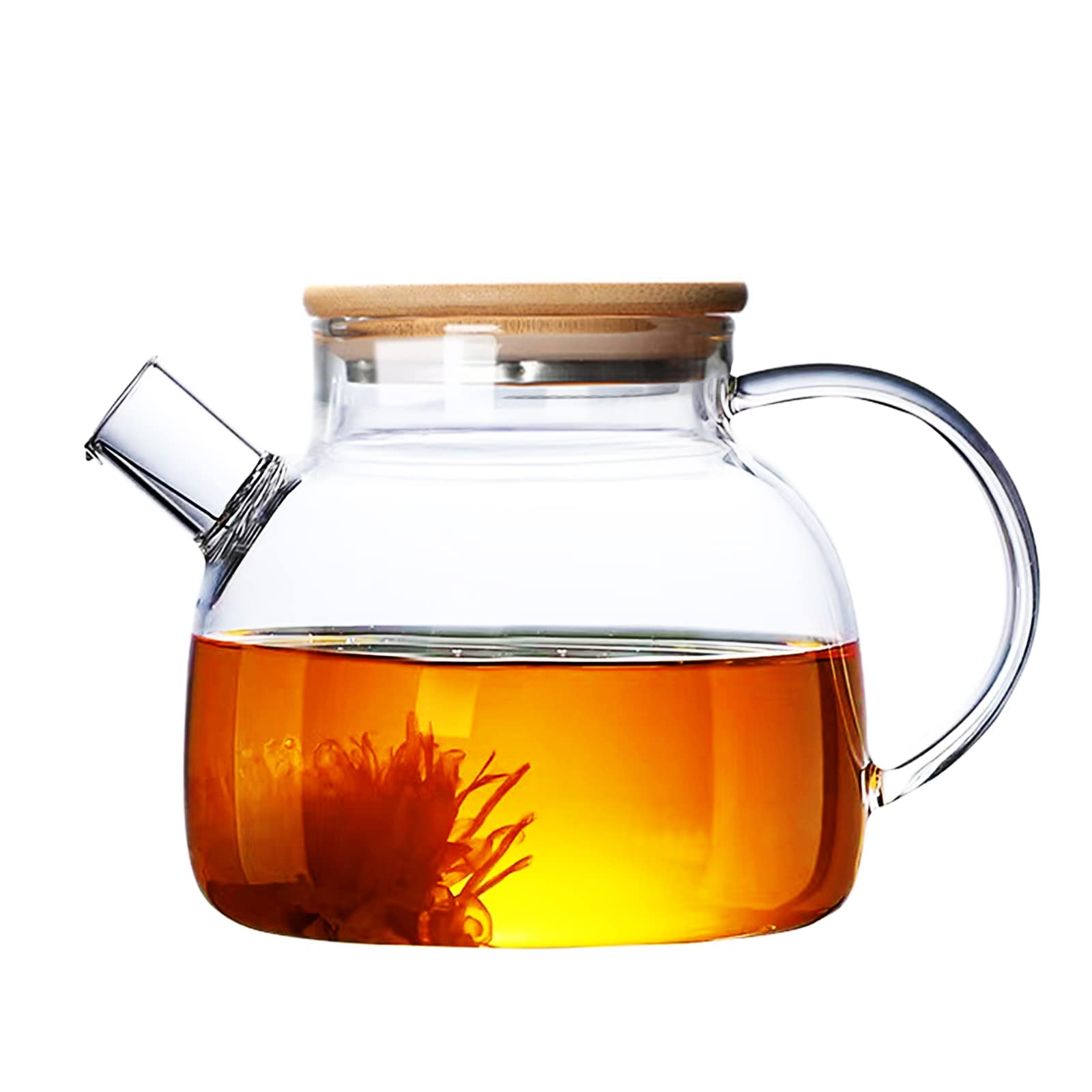 JOUALY Glass Teapot, Stovetop & Microwave Safe Glass Borosilicate Teapot, Glass Teapot with Strainer, Glass Kettle with Wooden Lid, Loo
