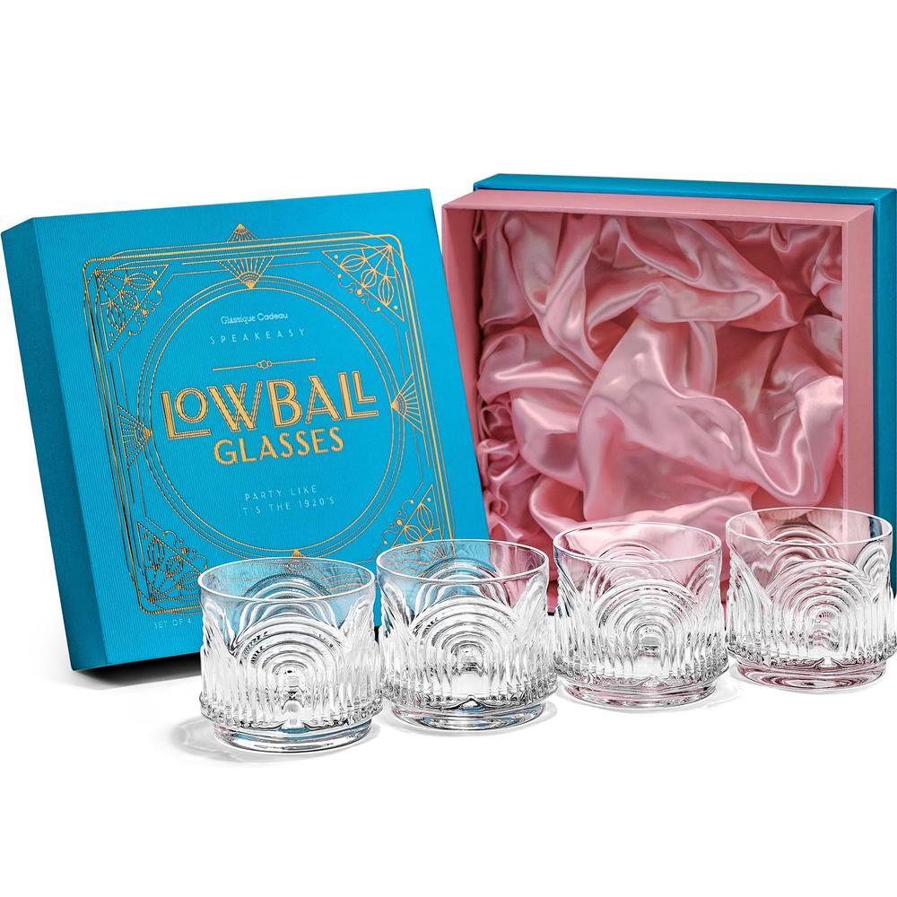 GLASSIQUE CADEAU Vintage Art Deco 1920s Lowball Cocktail Glasses | Set of 4 | 9 oz Crystal Old Fashioned Glassware for Drinking 