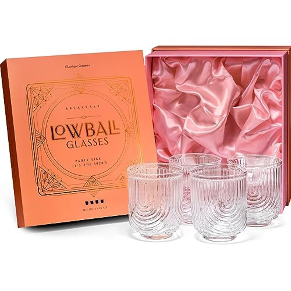 GLASSIQUE CADEAU Vintage Art Deco Lowball Gatsby Cocktail Glasses | Set of 4 | 13 oz Double Old Fashioned Tumblers for Drinking 