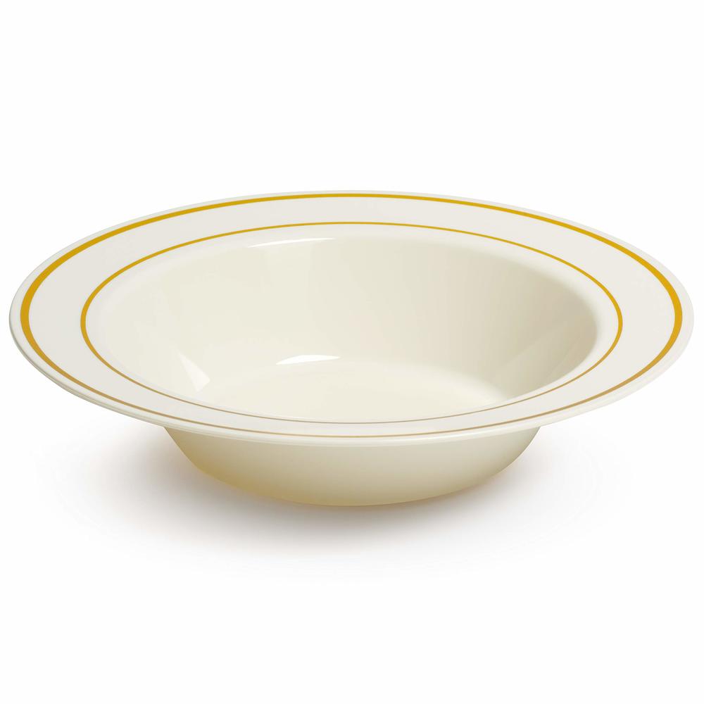 Oasis Creations Gold Rimmed Ivory Bowls - 5 ounce - 50 Count - Hard Plastic - Disposable or Reusable - Dessert Bowls - Salad Bowls- Cereal Bowls
