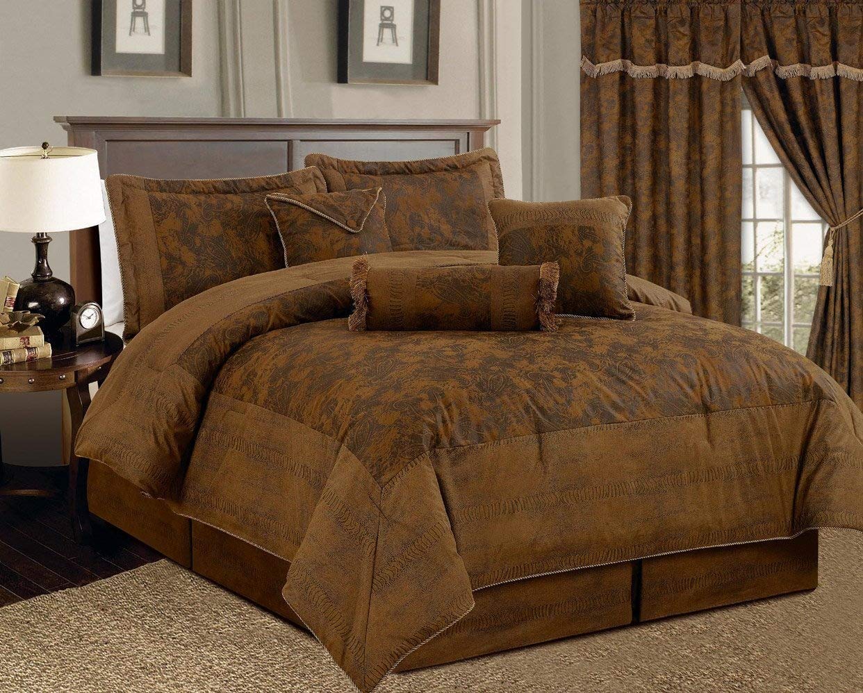 Grand Linen 7 Piece Dark Camel Brown Lavish 106"X 94" Comforter Set Micro Suede Bed in A Bag (California) Cal King Size Bedding