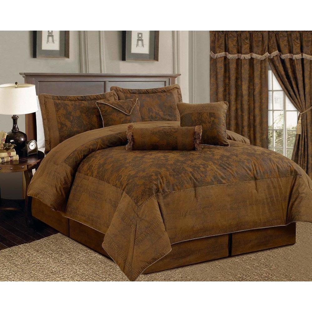Grand Linen 7 Piece Dark Camel Brown Lavish 106"X 94" Comforter Set Micro Suede Bed in A Bag (California) Cal King Size Bedding