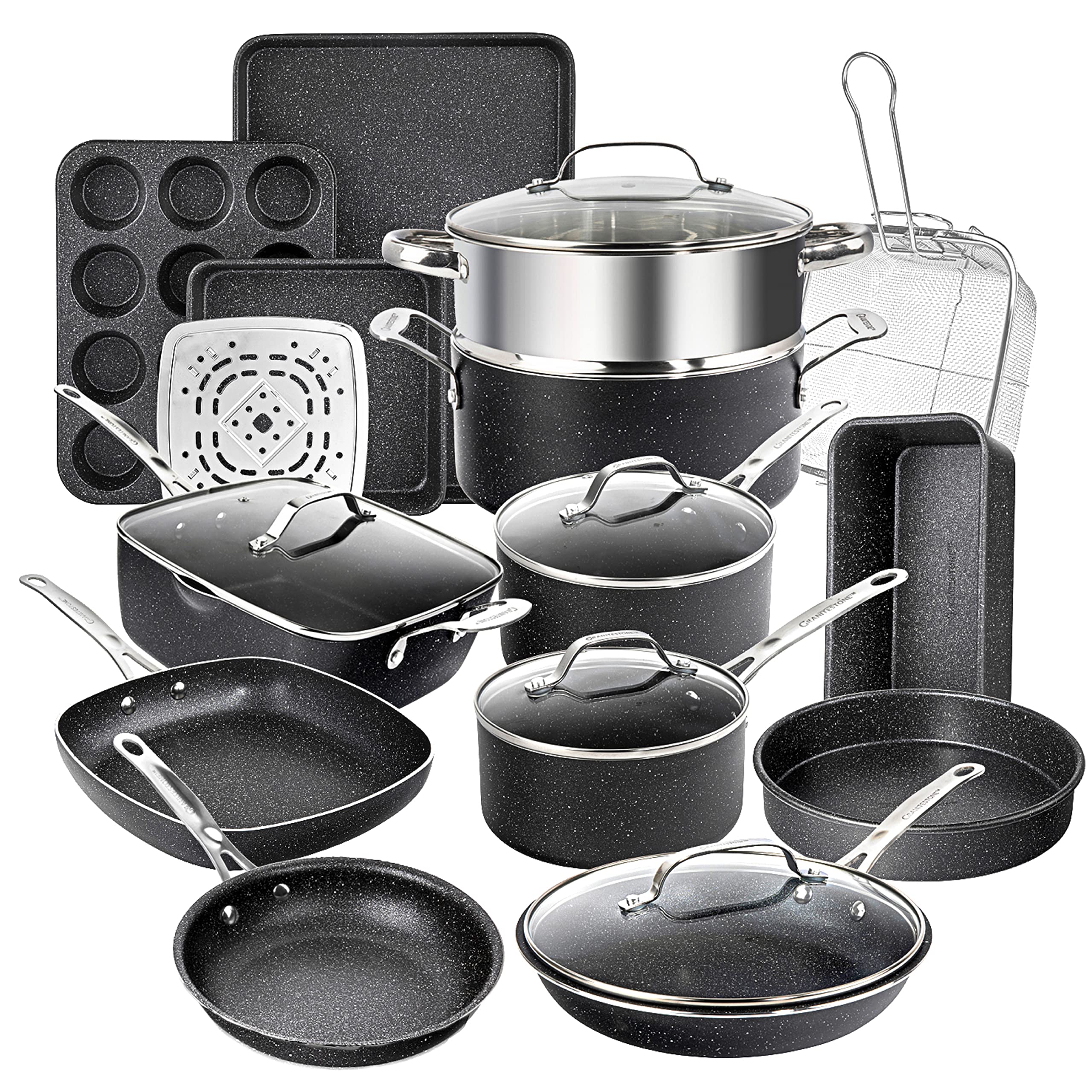 Granite Stone Pots and Pans Set, 20 Piece Complete Cookware + Bakeware Set  with Ultra Nonstick 100% PFOA Free Coating-Includes F