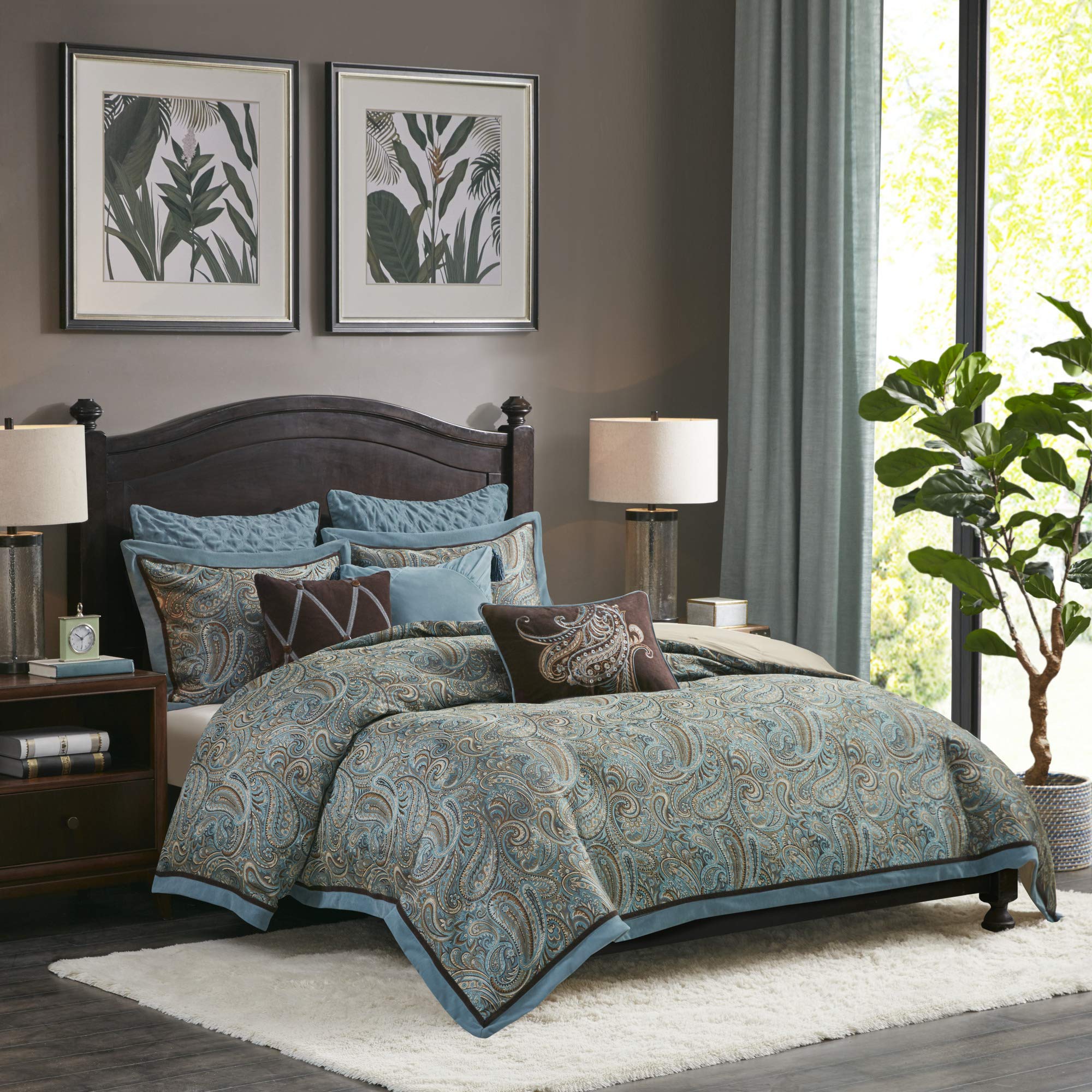 Hampton Hill Lauren King Size Bed Comforter Duvet 2-In-1 Set Bed In A Bag - Blue, Brown , Luxurious Jacquard Paisley - 9 Piece B
