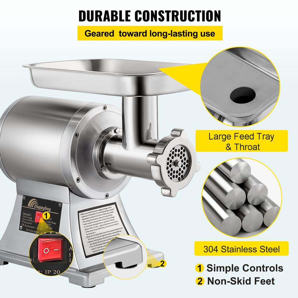 Happybuy 110V Commercial Meat Grinder 550Lbs/hour 1100W 190 PRM Sausage Stuffer Maker 1.5 HP Stainless Steel Home Kitchen Tool 5
