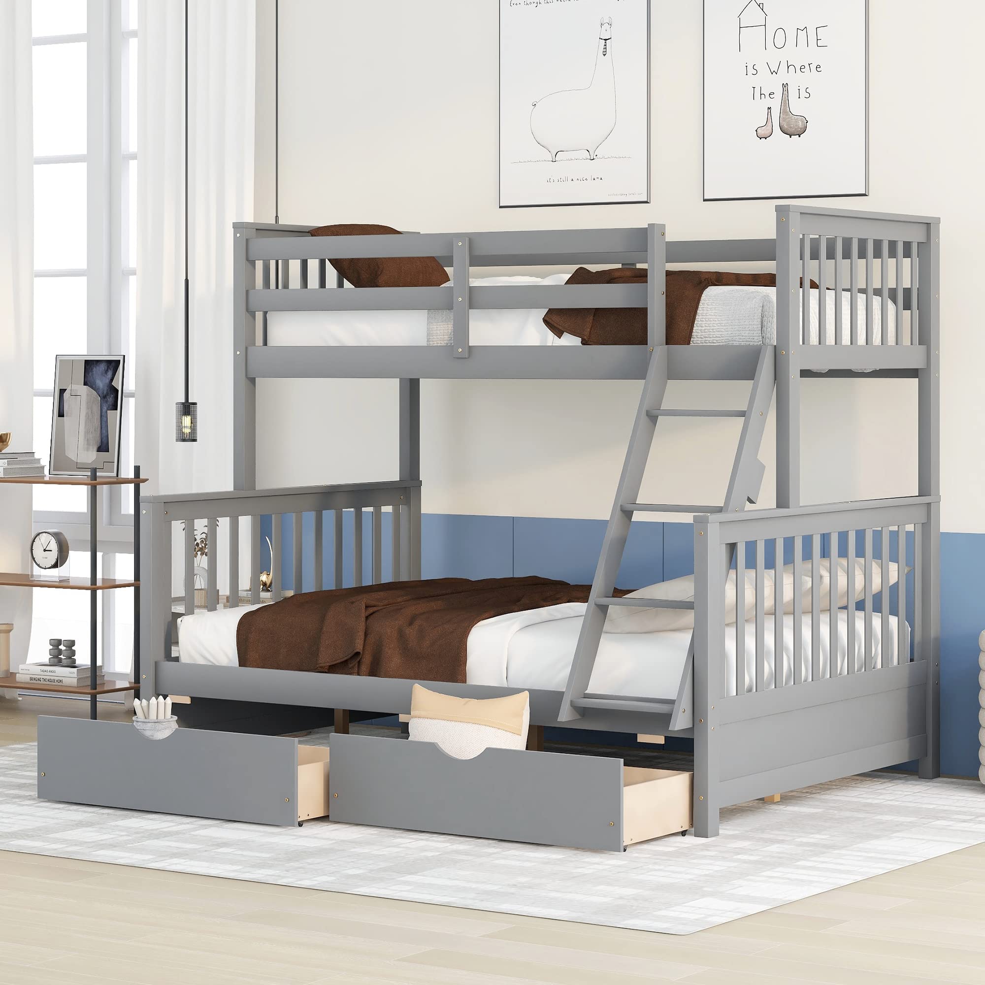 Harper & Bright Designs Bunk Bed with Drawers, Twin Over Full Bunk Bed, Solid Wood Bunk Bed Frame with Ladders & 2 Storage Drawe
