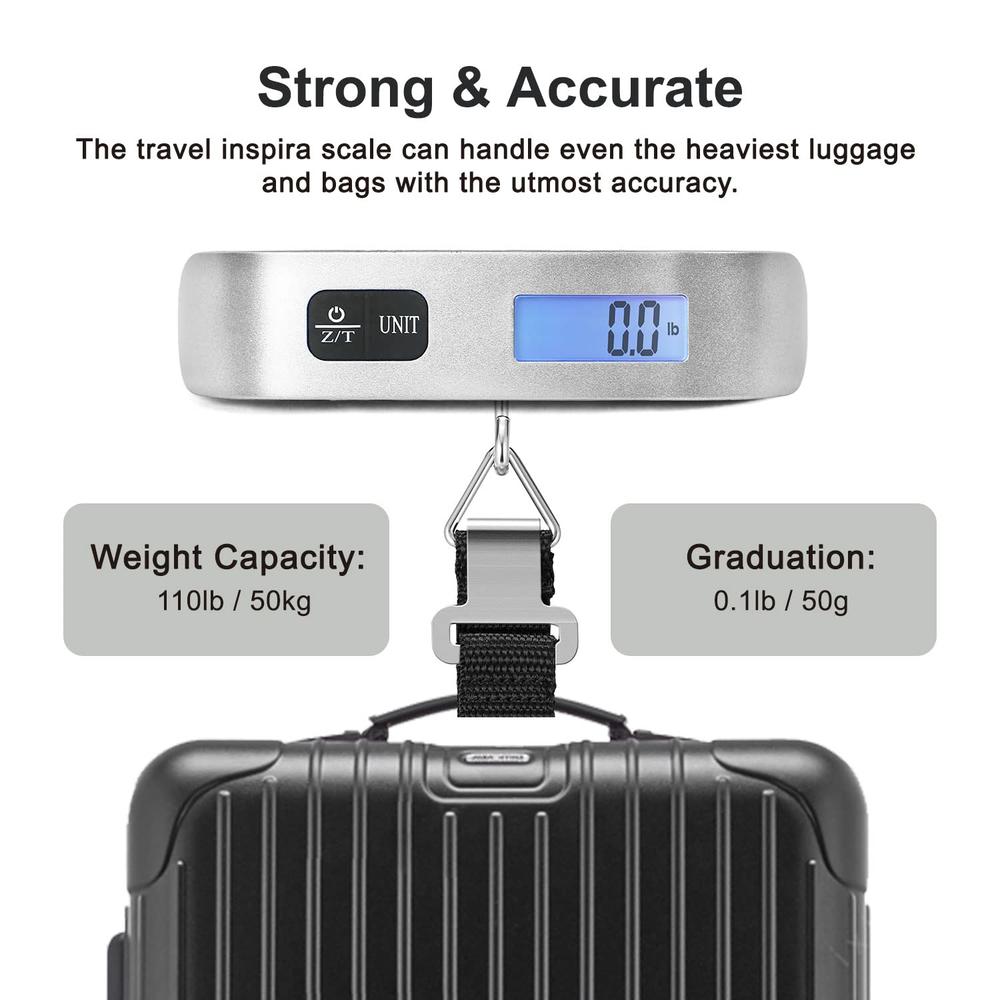 travel inspira Luggage Scale, Portable Digital Hanging Baggage Scale for Travel, Suitcase Weight Scale with Rubber Paint, 110 Po