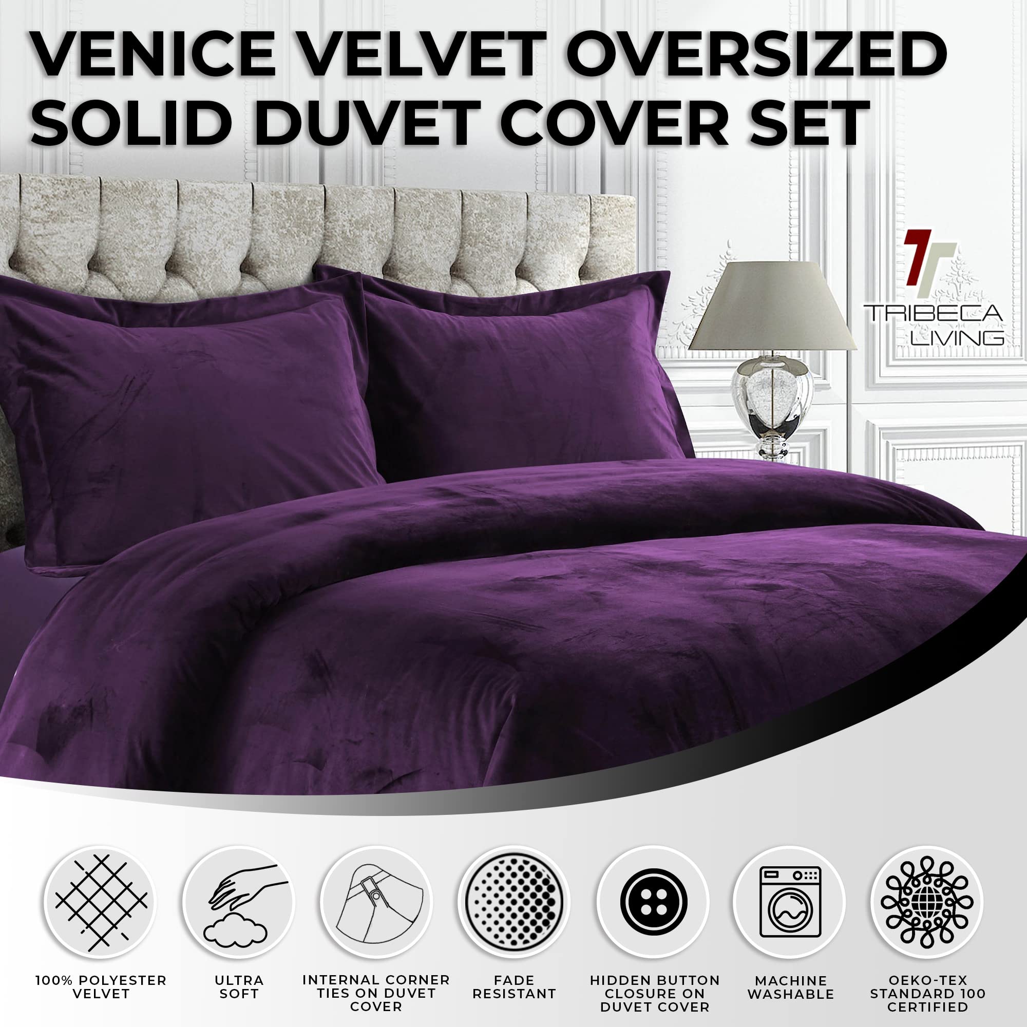Tribeca Living VENICEDUVET Venice Velvet Oversized Solid Duvet Set, King, Purple