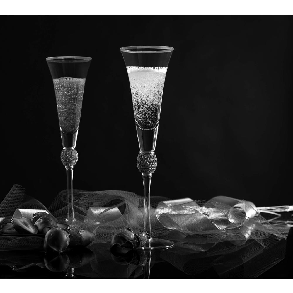 Trinkware Wedding Champagne Flutes - Rhinestone DIAMOND Studded Toasting Glasses With Gold Rim - Long Stem, 7oz, 11-inches Tall 