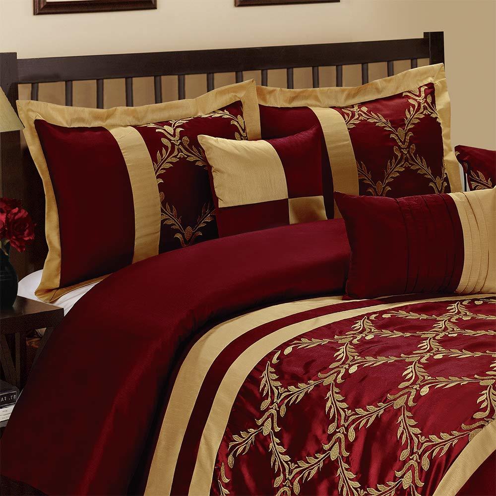 HIG 7 Piece Comforter Set King - Burgundy and Gold Faux Silk Fabric Embroidered - Claremont Bed in A Bag - Breathable and Wrinkl