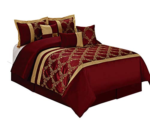HIG 7 Piece Comforter Set King - Burgundy and Gold Faux Silk Fabric Embroidered - Claremont Bed in A Bag - Breathable and Wrinkl