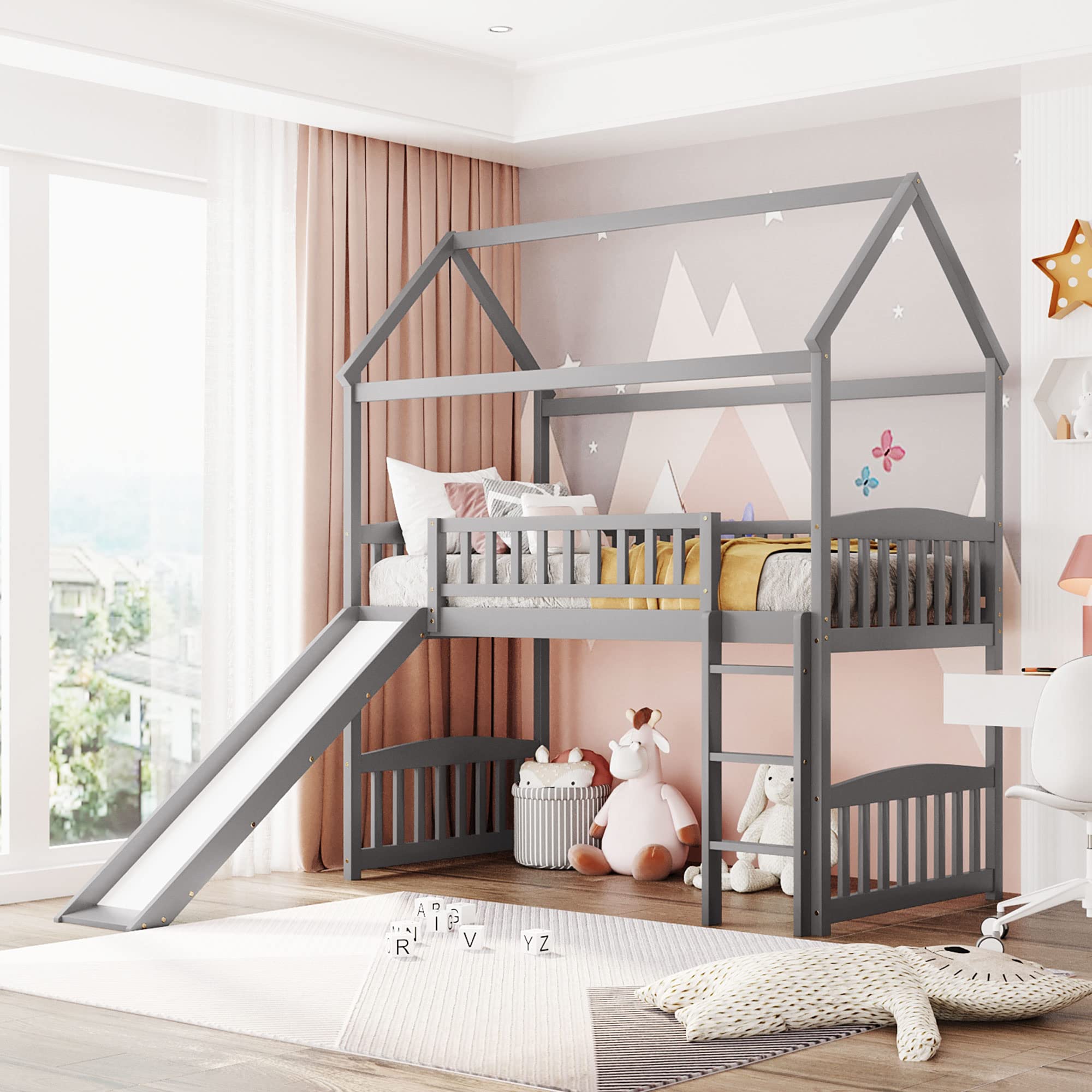 Bellemave Twin House Loft Bed with Slide for Kids, Wooden Loft Bed with Ladder and Roof, Playhouse Loft Bed Frame for Kids, Teens, Boys & 