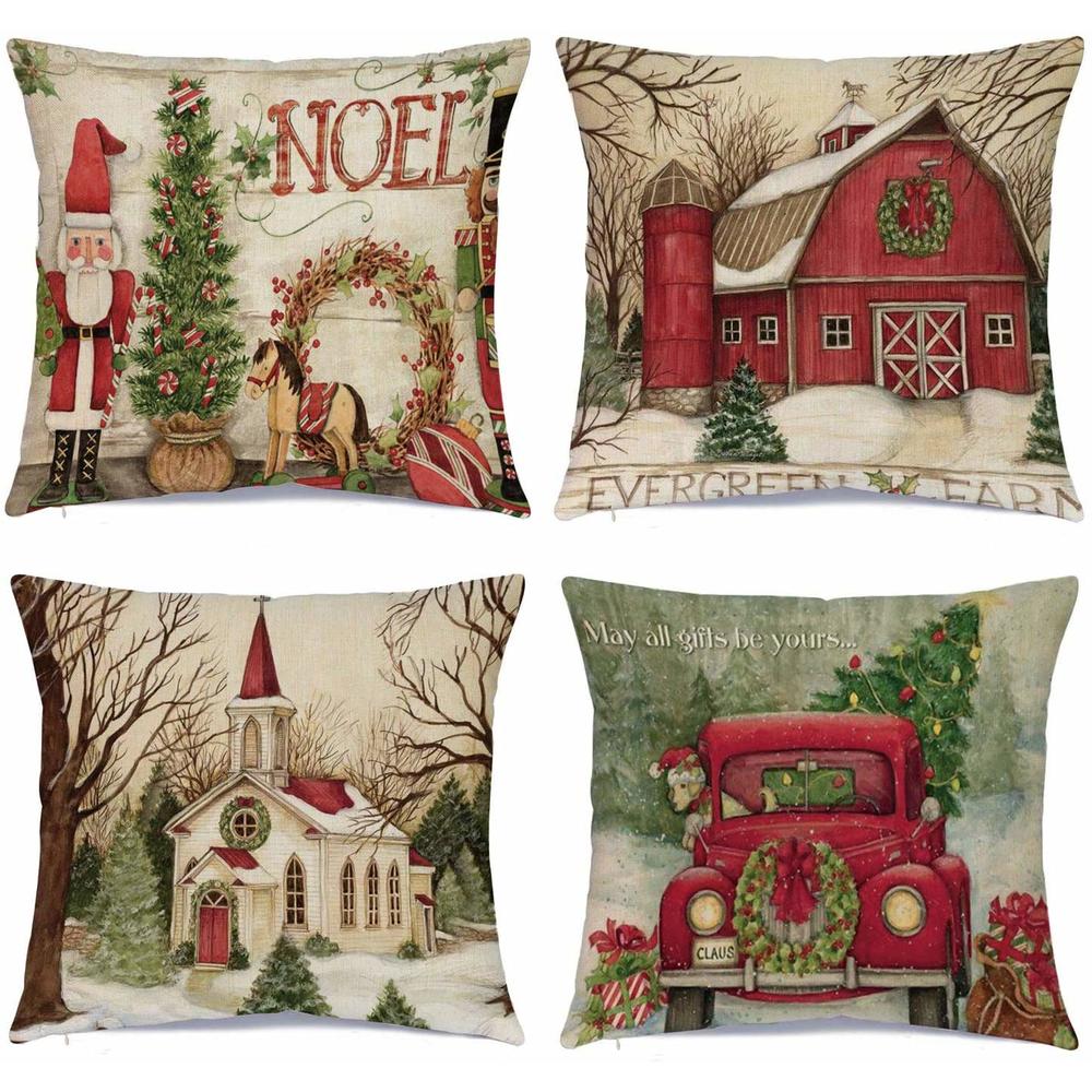 Hlonon Christmas Decorations Christmas Pillow Covers 18 x 18 Inches Set of 4 - Xmas Series Cushion Pillow Cover Custom Zippered 