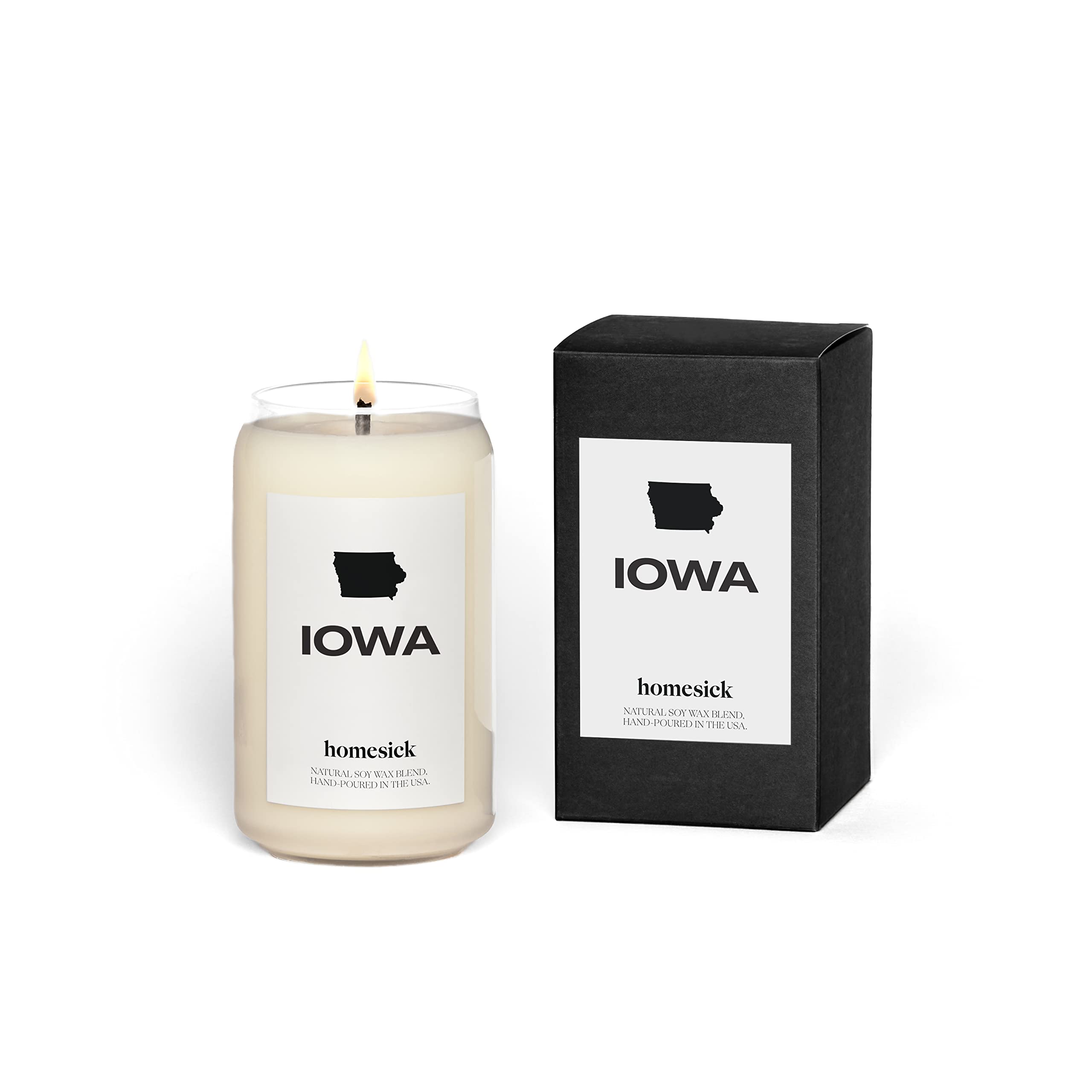 Homesick Premium Scented Candle, Iowa - Scents of Bourbon, Cream, Praline, 13.75 oz, 60-80 Hour Burn, Natural Soy Blend Candle H