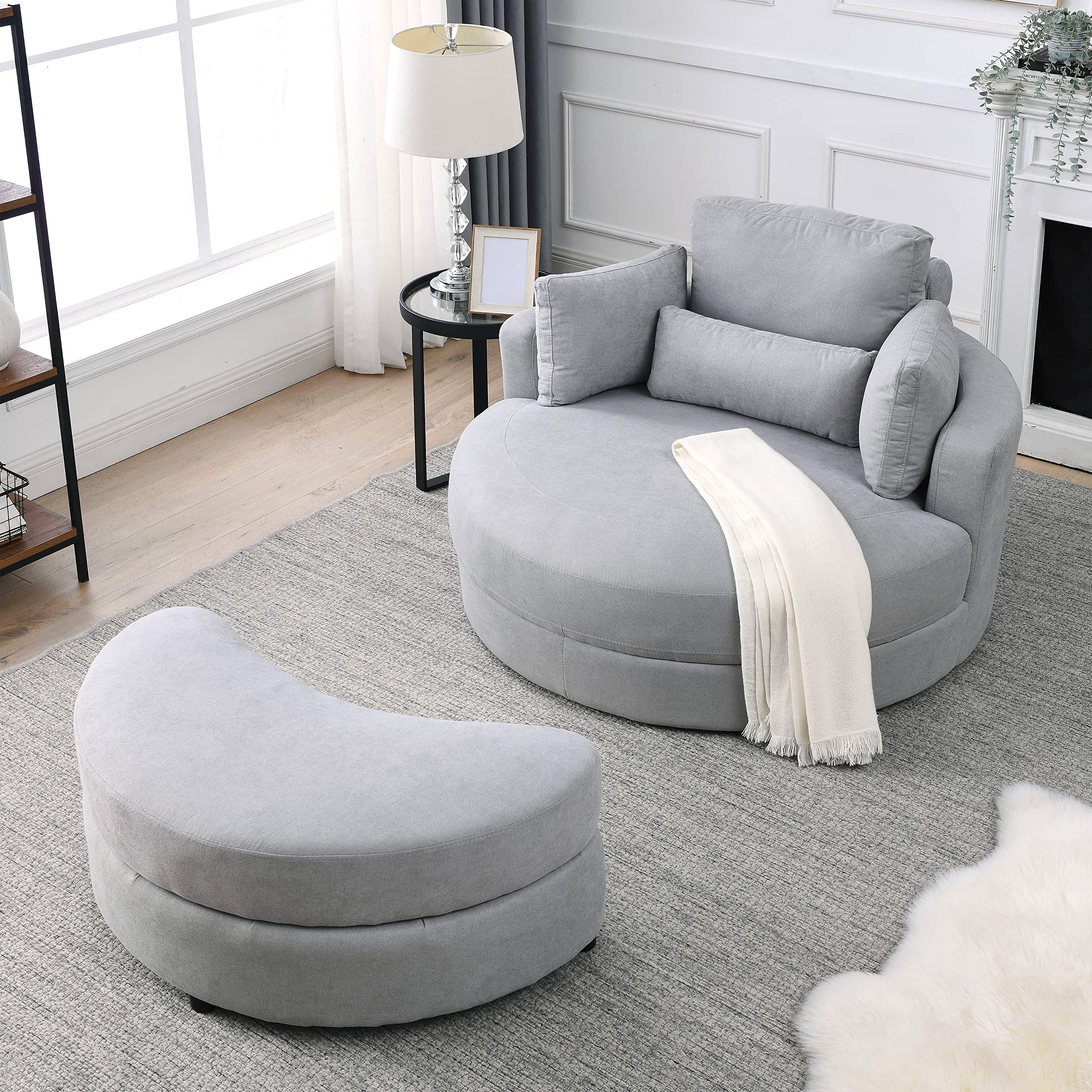 HomSof Swivel Accent Barrel Modern Sofa Lounge Club Big Round Chair with Storage Ottoman Linen Fabric for Living Room Hotel with