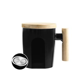 Howay HOWAY Flat Bottom Mug with Wood Lid, Ceramic Tea Cup for