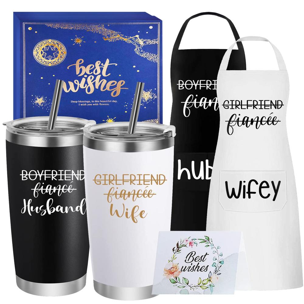 JETIKON Husband and Wife Travel Tumbler Apron Set Wedding Gifts for Couples Unique 2023 His and Hers Gifts Engagement Anniversary Valent