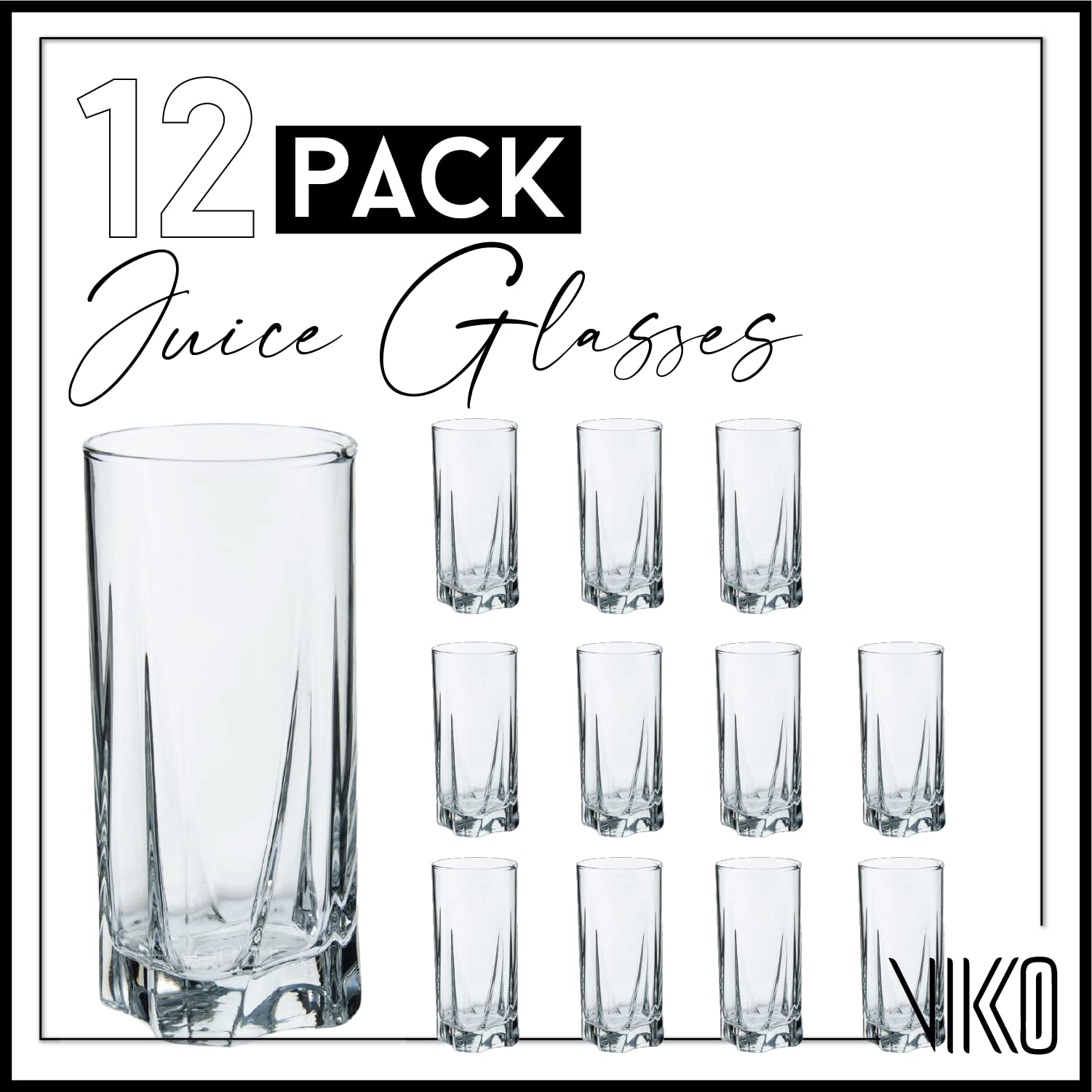 Vikko Drinking Glasses, 12 Oz Drinking Glasses Set of 12, Crystal Clear Glass Cups for Water or Juice, Highball Glass Tumbler & 