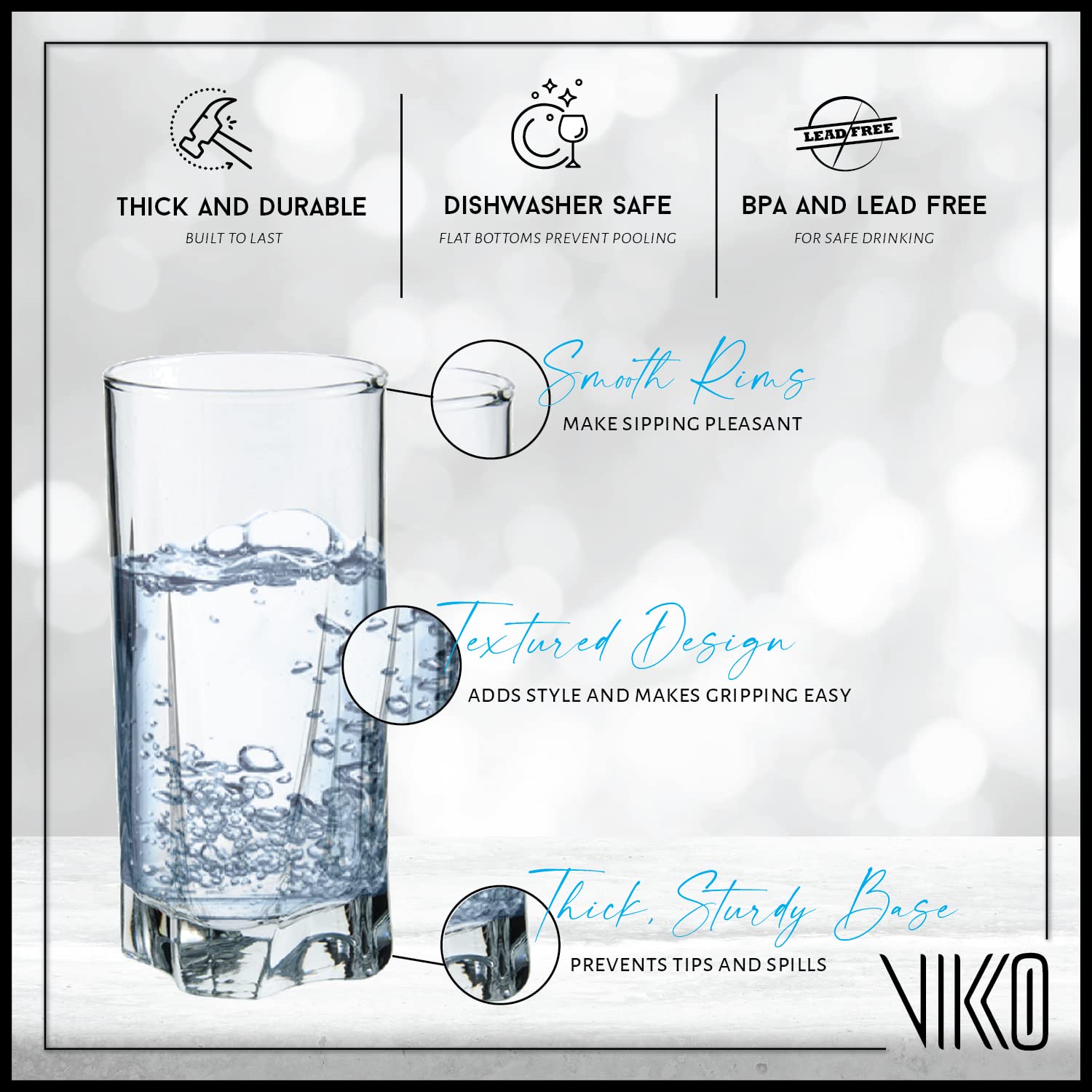 Vikko Drinking Glasses, 12 Oz Drinking Glasses Set of 12, Crystal Clear Glass Cups for Water or Juice, Highball Glass Tumbler & 