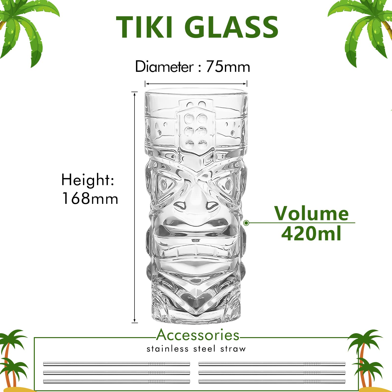 INFTYLE Clear Tiki Glasses Set of 6-14 oz Modern Bar Tiki Cocktail Glasses Perfect for Exotic Cocktails,Mai Tai, Hawaiian Style 