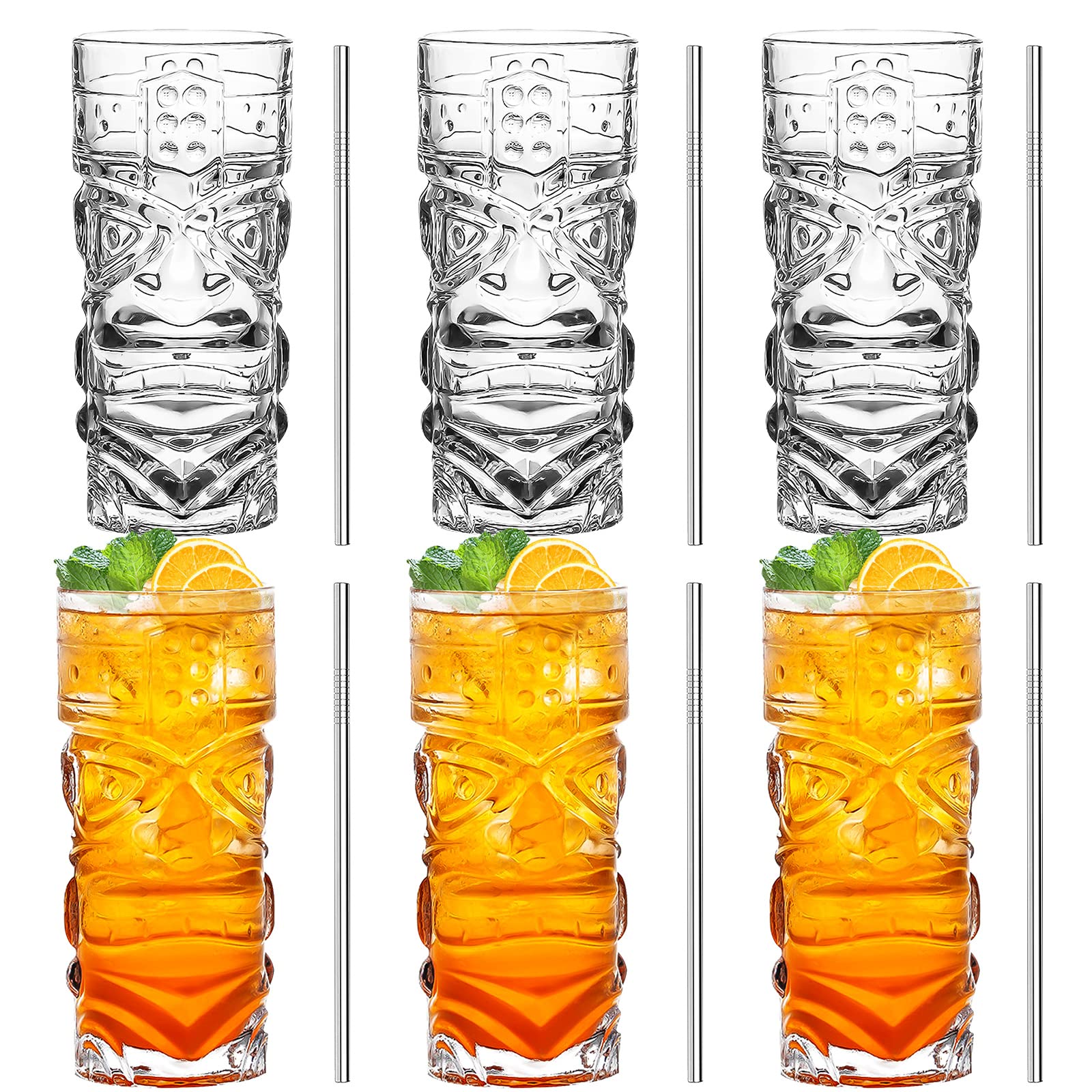 INFTYLE Clear Tiki Glasses Set of 6-14 oz Modern Bar Tiki Cocktail Glasses Perfect for Exotic Cocktails,Mai Tai, Hawaiian Style 