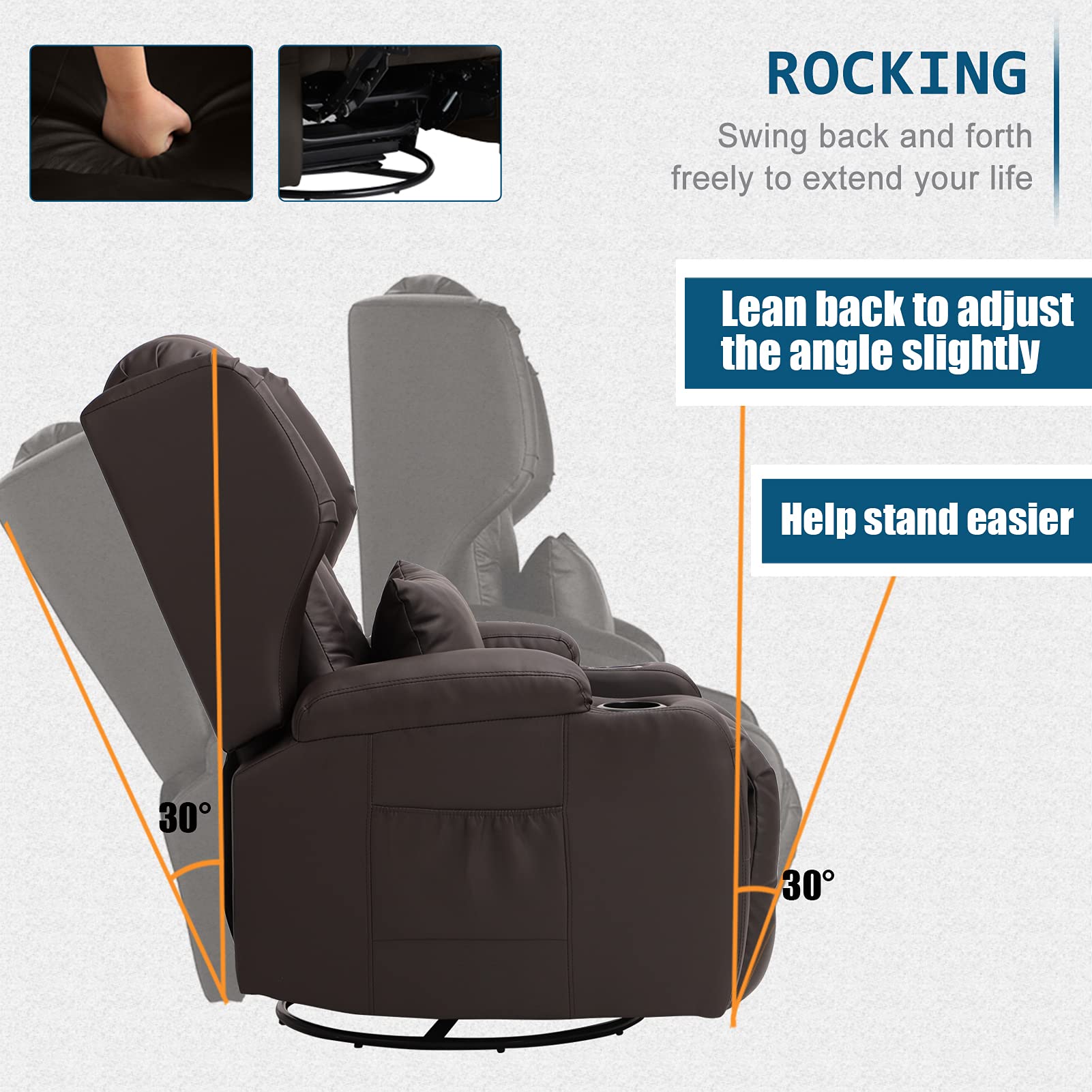 IPKIG Manual Recliner Chair - Swivel Rocker Recliner Chair, Faux Leather Recliner Sofa Chairs with 2 Cup Holders, Lumbar Pillow 