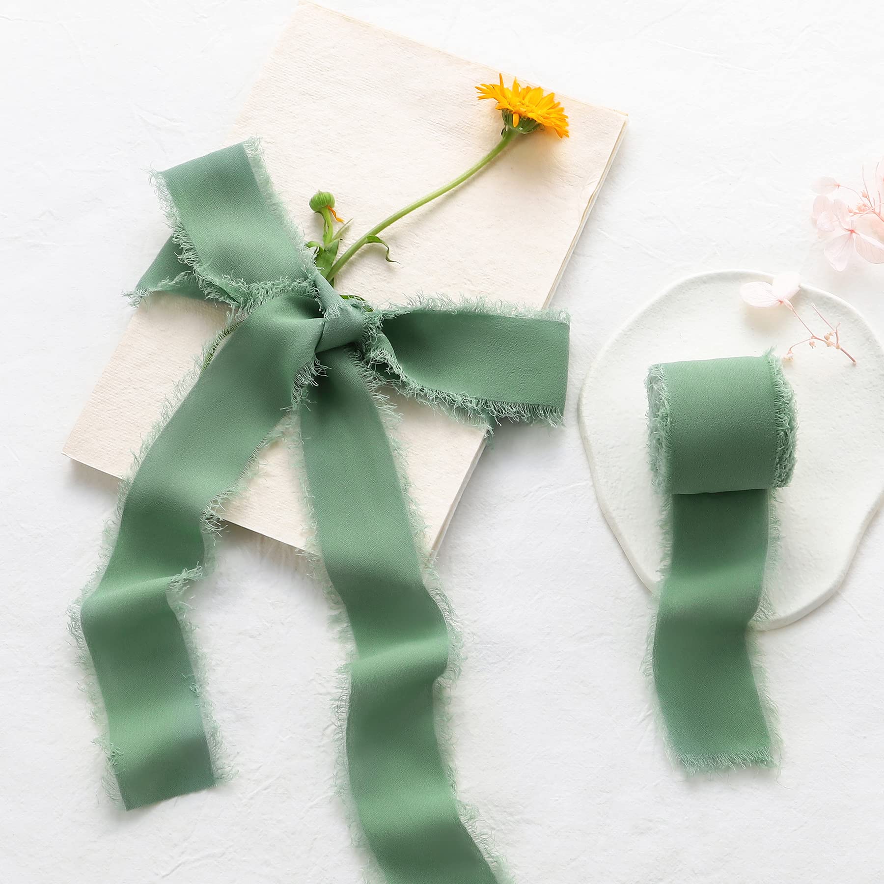 Jedia JEDIA Green Ribbon, 6 Rolls Sage Green Handmade Fringe Chiffon Silk  Ribbons, 1.5 x 7Yd Chiffon Ribbon for Gift Wrapping, Weddin